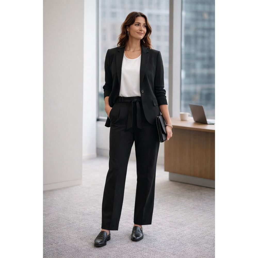 Women's L Black Straight-Leg Slacks | Mid-Rise Belted Dress Pants w/ Pockets NWT